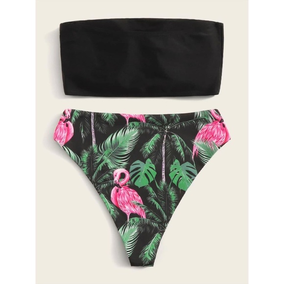 Flamingo tropical Lei print bandeau bikini - Picture 2 of 2